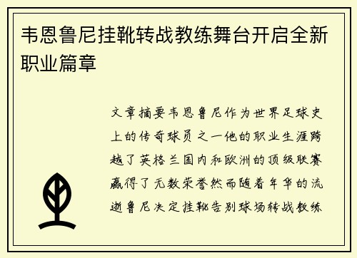 韦恩鲁尼挂靴转战教练舞台开启全新职业篇章 韦恩鲁尼挂靴转战教练舞台开启全新职业篇章